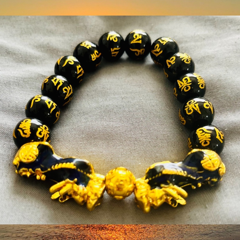 Natural Stone Black Obsidian Pixiu Bracelet with Tiger Eye and Double Pixiu Luck